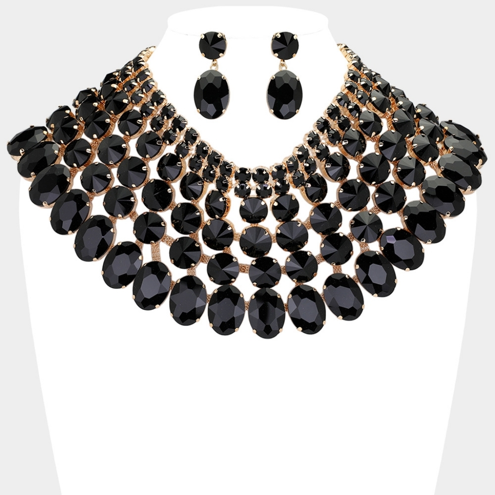 Gold and Black Crystal Glass Bib Statement Necklace Set Formal Evening Jewelry
